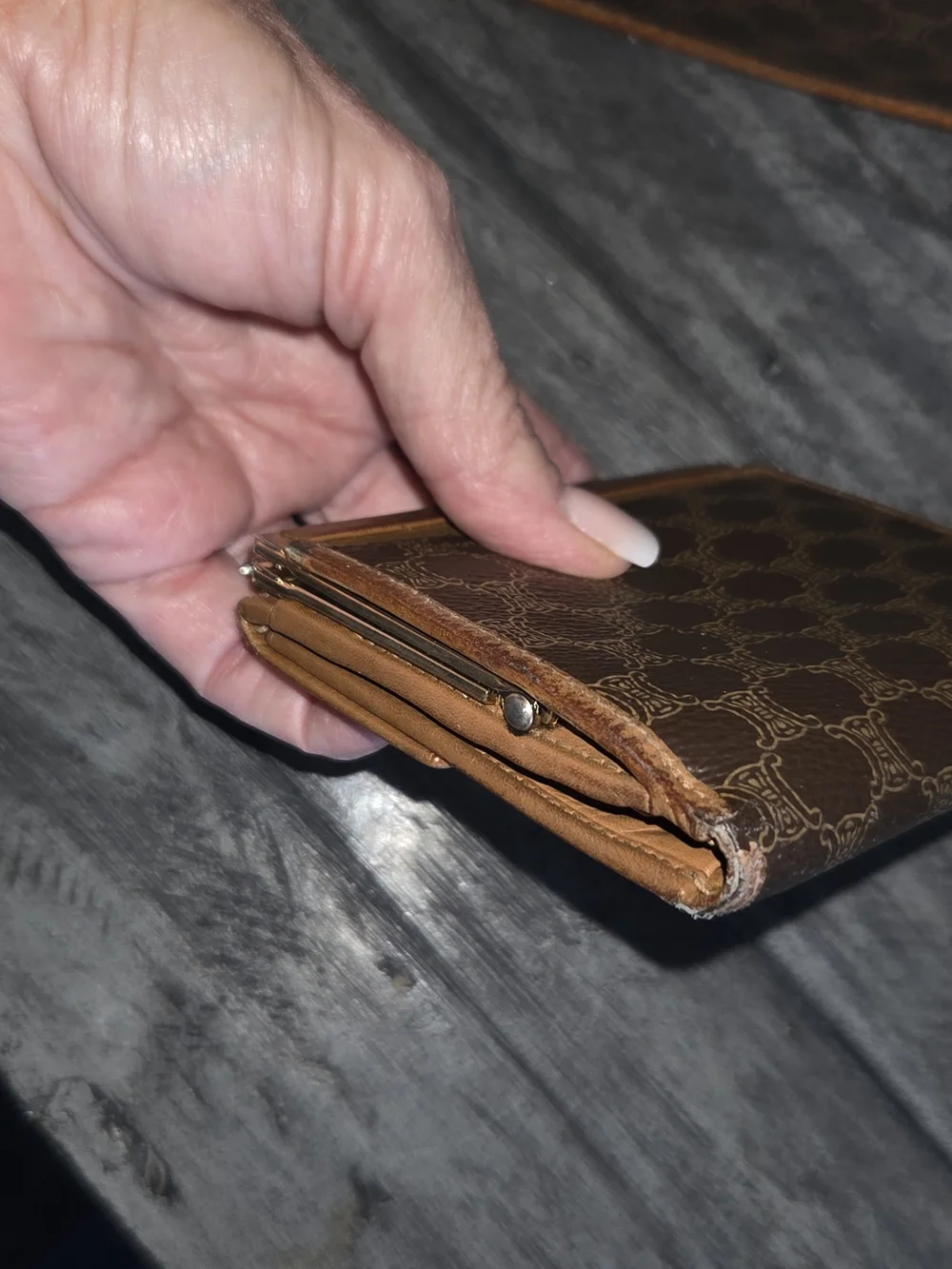 Celine Vintage Brown Patterned Crossbody Bag with Tan Strap And Matching Wallet.